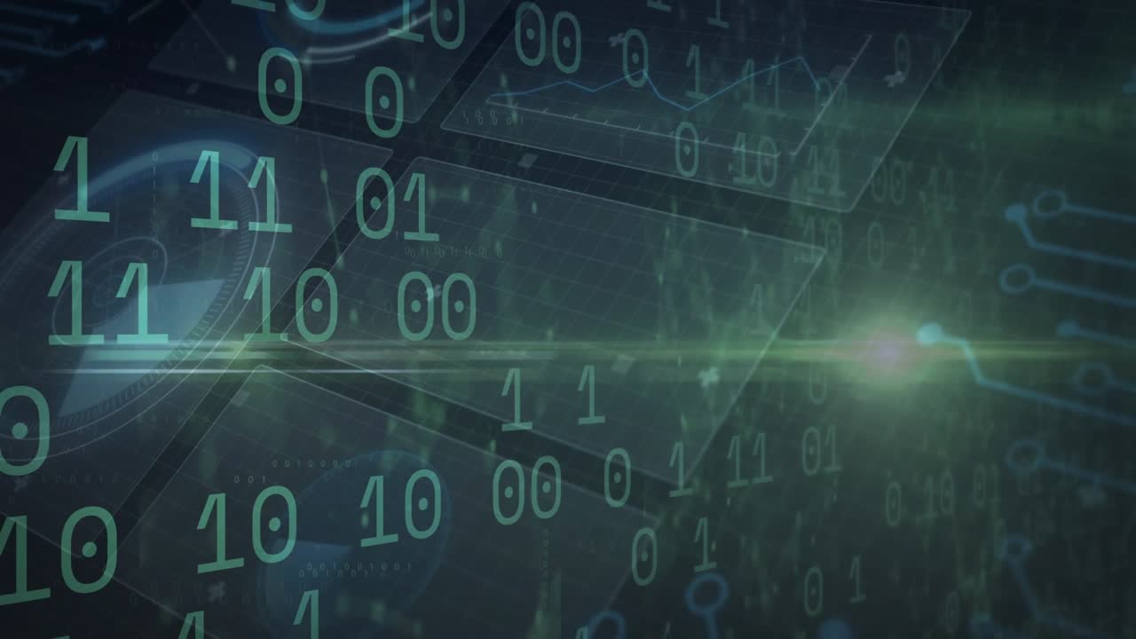 Binary digits and panels drifting, green streak moving right revealing code, visualizing data flow