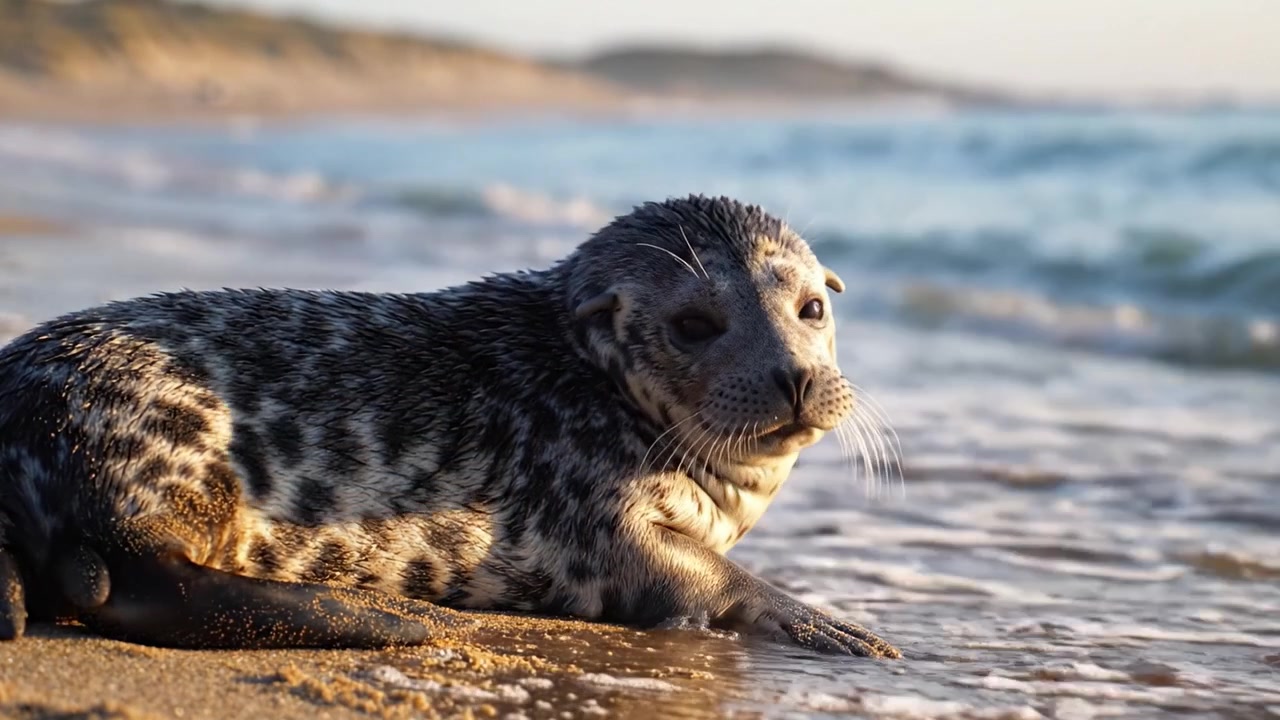 A Calm Seal Resting on the Sandy Shore, Gently Relaxing by the Ocean, as Waves Glistening in the Sun Create a Serene Seaside Atmosphere