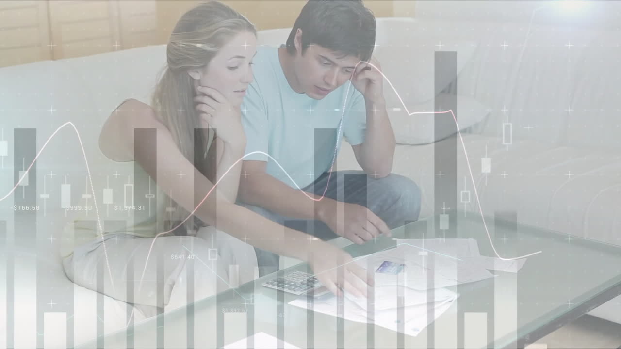 카우카시안 커플을 통해 금융 데이터 처리의 애니메이션 확인 청구서