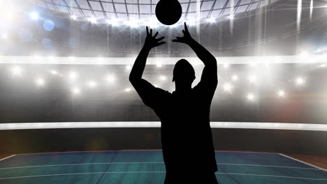 animation of silhouette of male volleyball player with ball over sports stadium