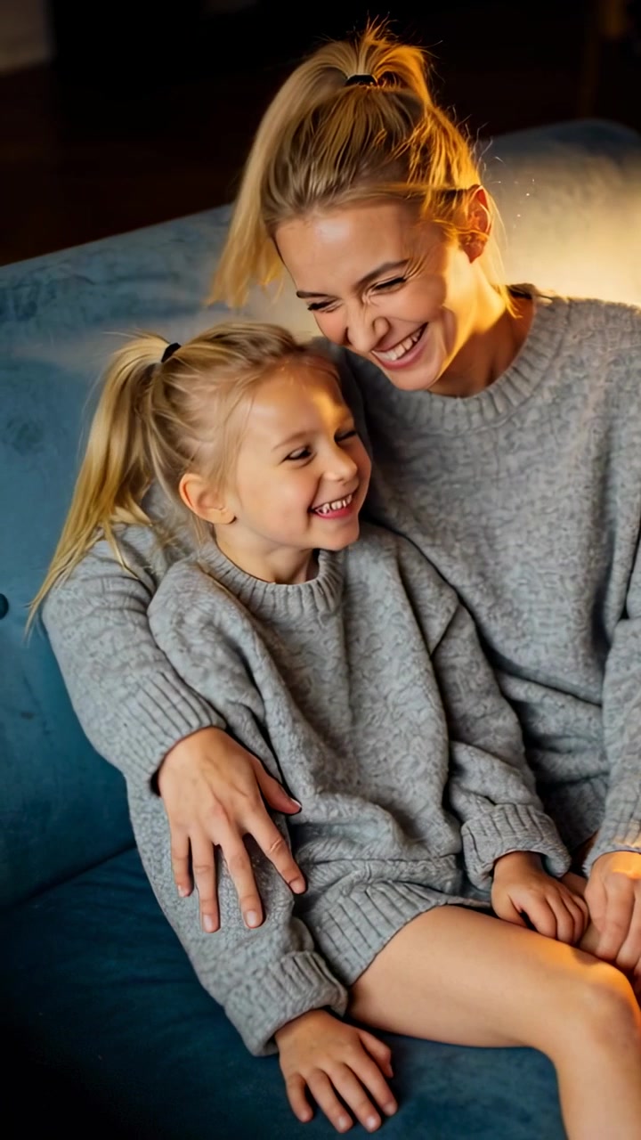Vertikales Video: Lachende Mutter und Tochter lehnen sich an blaue Couch, nachdem das Kind aufblickt, in grauen Strickwaren.