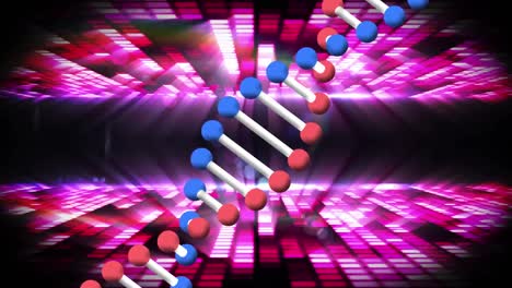 Dna-structure-spinning-over-pink-mosaic-squares-against-black-background