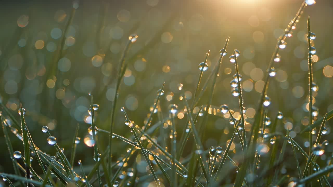 Close-up, low-angle video of dew-covered grass at sunrise, capturing sparkling droplets with a bokeh