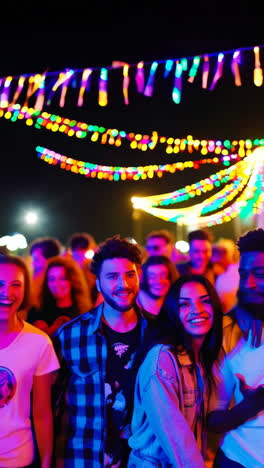 joyful crowds dancing and celebrating at a vibrant night festival with colorful lights