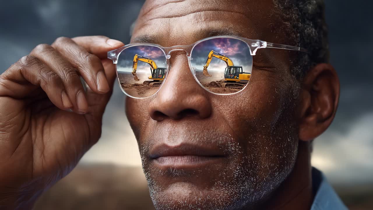 A Thoughtful Man with Spectacles Reflecting Heavy Machinery, Emphasizing the Intersection of Human Insight and Industrial Power Amidst a Dramatic Sky