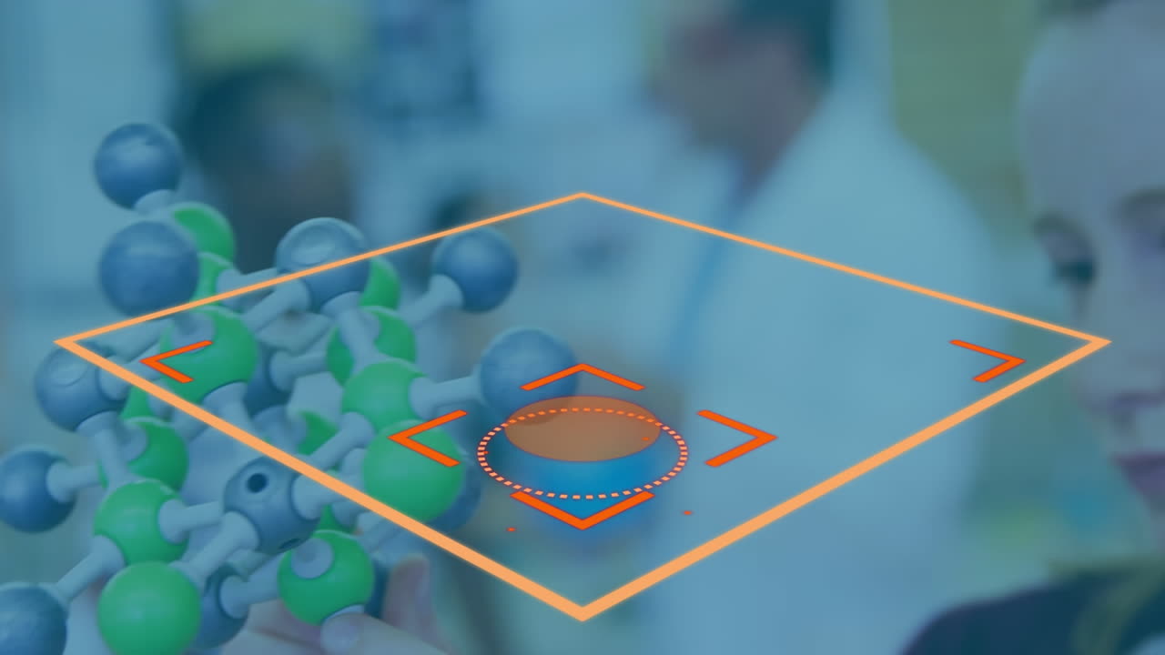 forma cuadrada abstracta contra una chica caucásica sosteniendo un modelo de estructura molecular en el laboratorio
