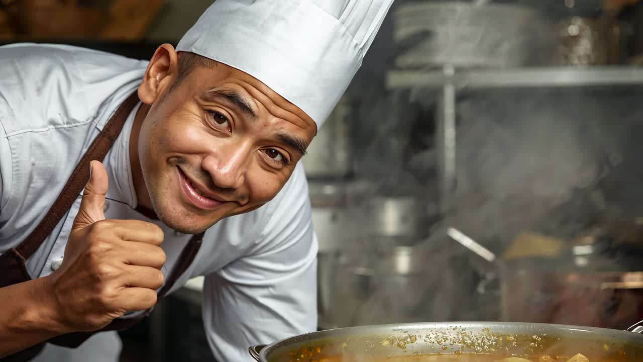 Steam rising drawing chef to steel pot on stove in kitchen, inspecting stew aroma, stirring stew