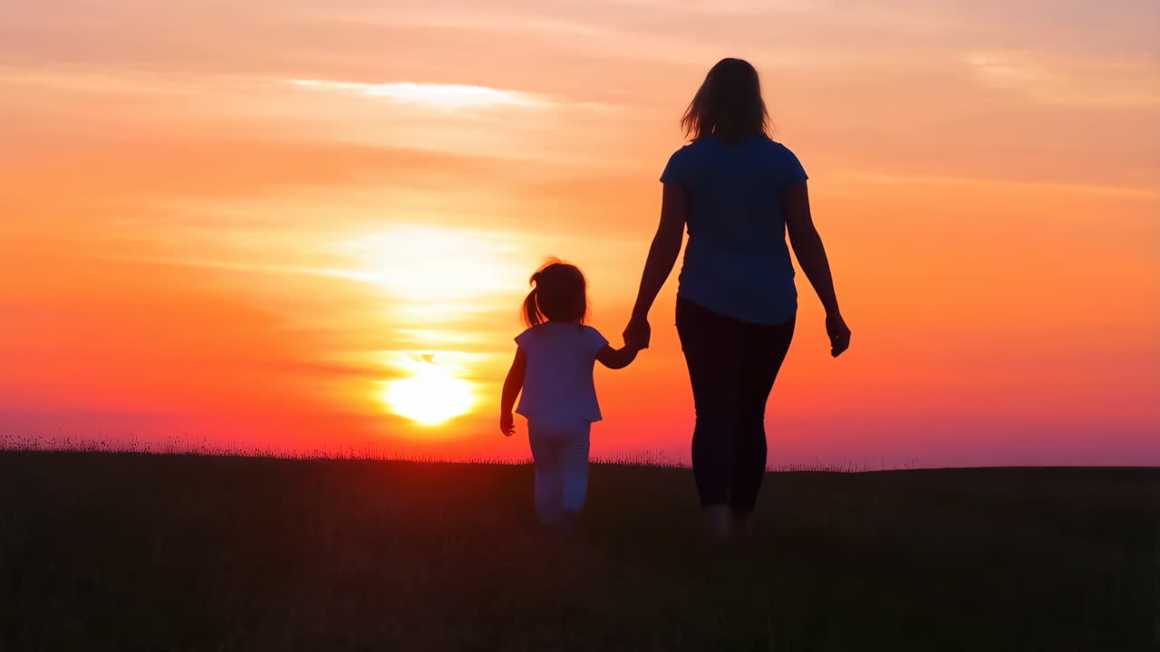 Mother and Daughter Silhouettes Walking Hand-in-Hand at Sunset