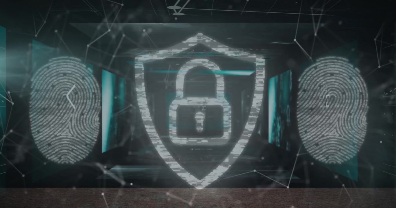 Animation of padlock icon with fingerprints over data processing on black background
