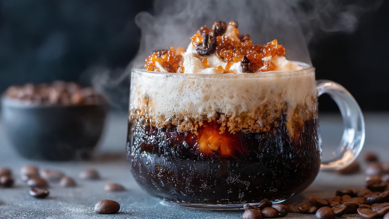 A Richly Layered Coffee Beverage with Cream and Toppings, Showcasing Steamy Aromas and Intense Colors in a Frosted Glass Mug