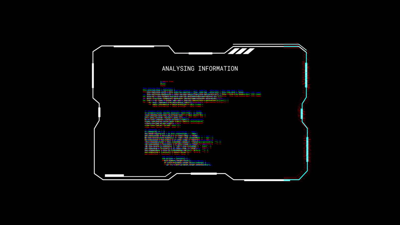 Animation of glitching interface with analysing information text processing on black