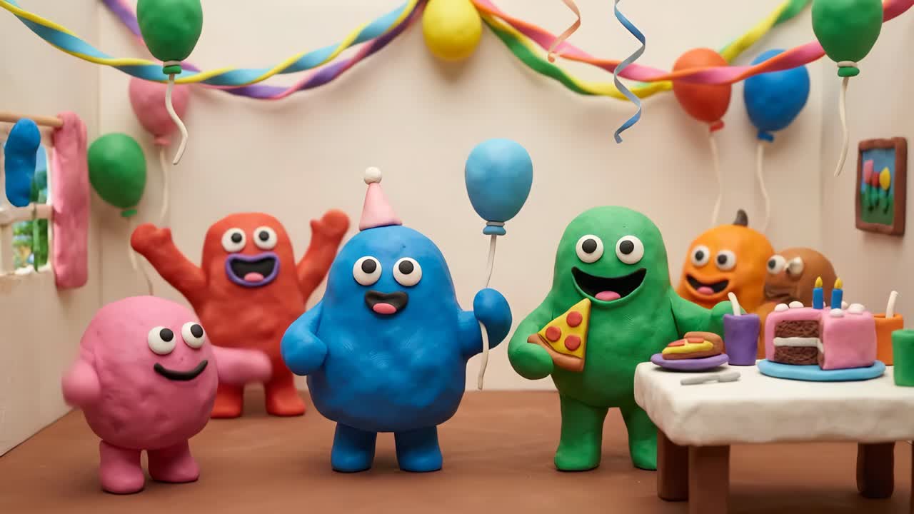 Happy Claymation Characters Celebrating a Festive Birthday Party