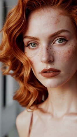 retrato en primer plano de una mujer con cabello rojo y pecas