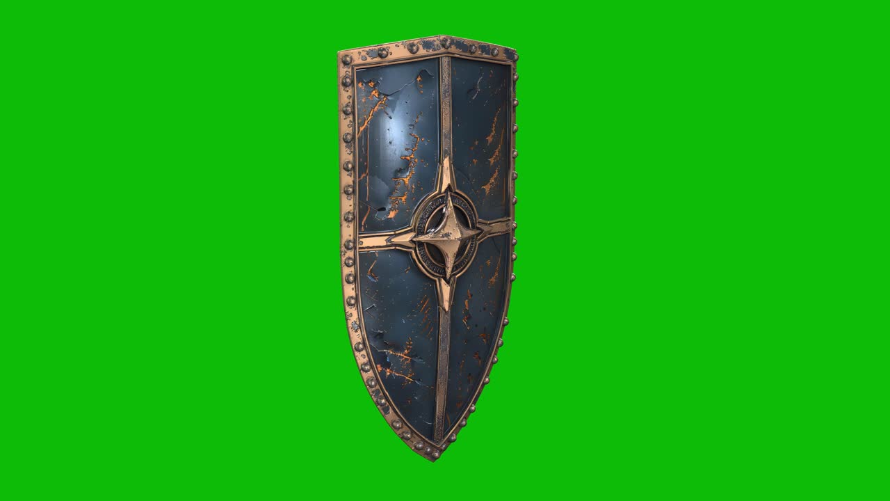 Detailní 3D renderování fantasy štítu 03, s opotřebovaným kovovým povrchem, zdobenými nýty a zářícím znakem, izolované na zeleném pozadí. Ideální pro fantasy hry, epické projekty a VFX složení.