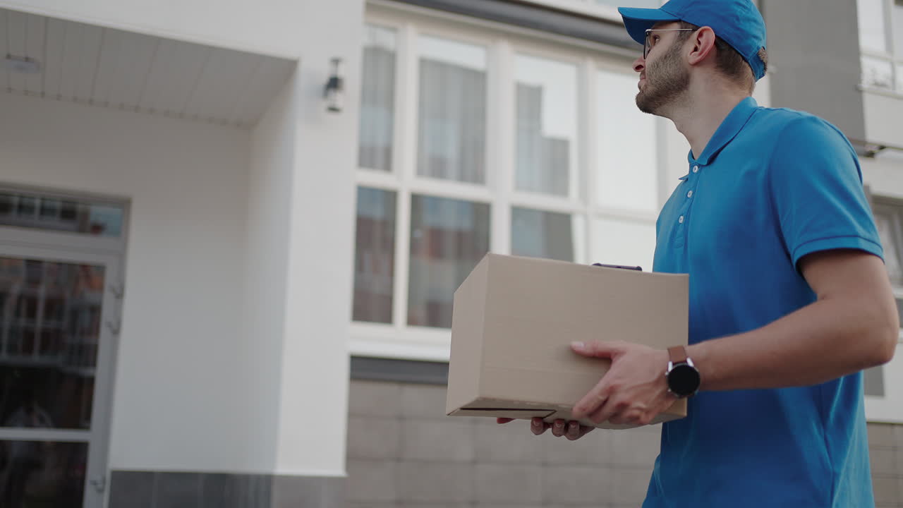 Young delivery man wearing glasses and gloves holding box use phone walking on street quarantine outdoor shopping package pandemic postman self isolation slow motion
