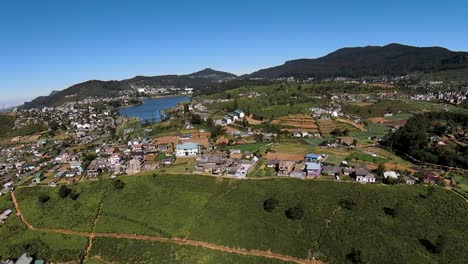 toma de diapositiva areal que revela el paisaje panorámico verde de los campos de té de nuwara elya y el lago azul glory gregory, sri lanka