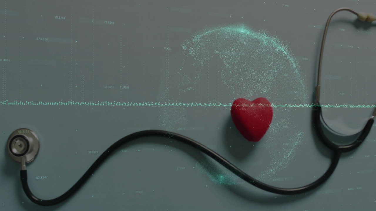 Health monitoring being animated in flat design, featuring stethoscope, red heart, ECG, data globe