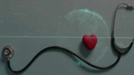 health monitoring being animated in flat design, featuring stethoscope, red heart, ecg, data globe