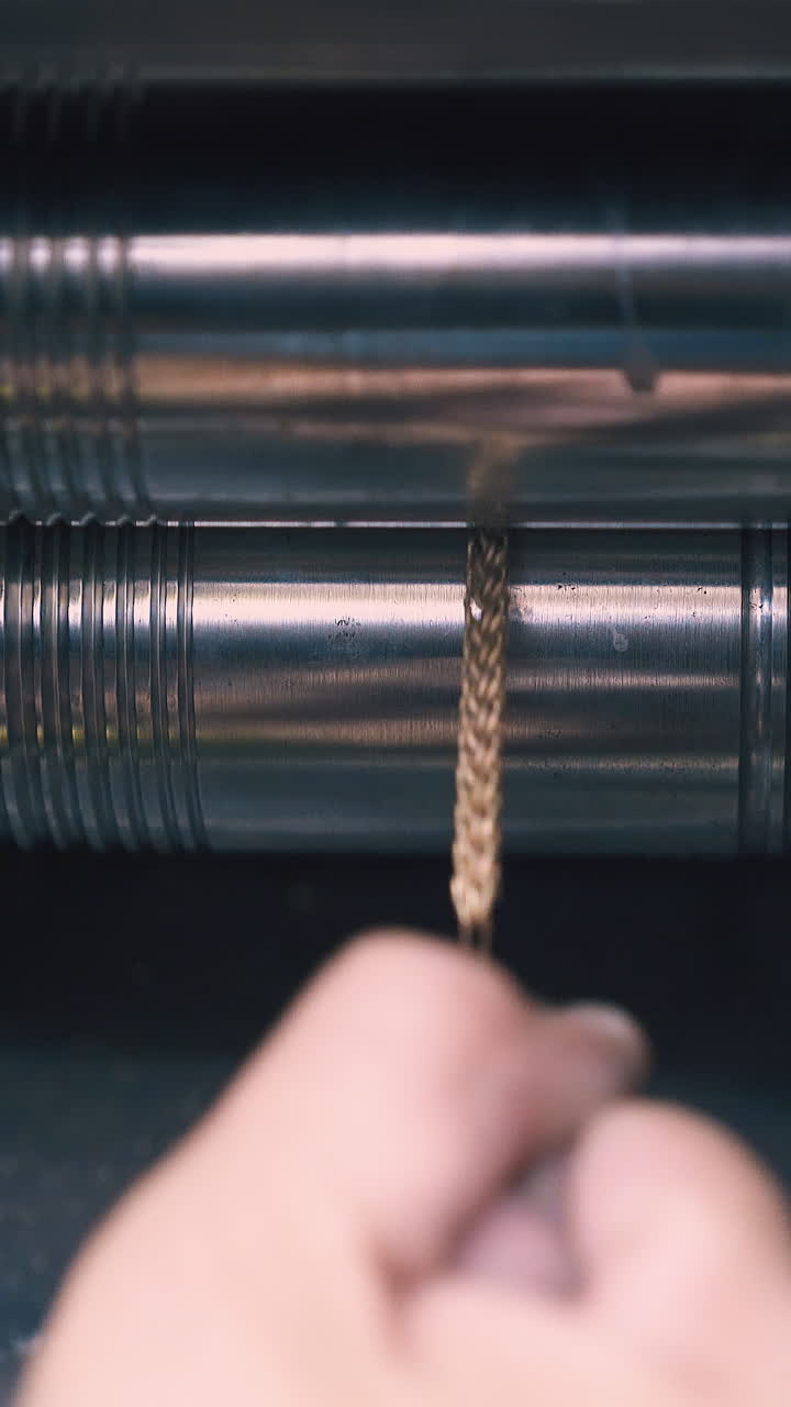 CU: professional goldsmith forge-rolls shiny gold chain with machine tool at workplace in light workshop closeup