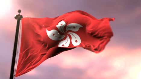 la bandera de hong kong ondeando en el viento al atardecer, bucle