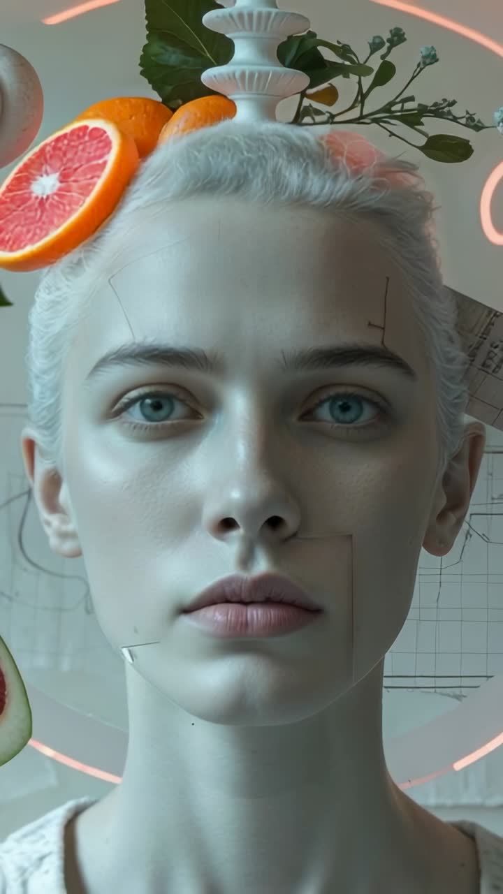 Vertical video: Neon glow in studio causing grapefruit slice orbiting subject head, creating halo