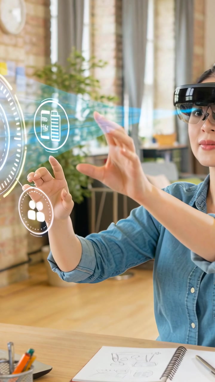 Vertical video: Reacting to holo UI woman in MRheadset denim tapping doc icon at home, copy space