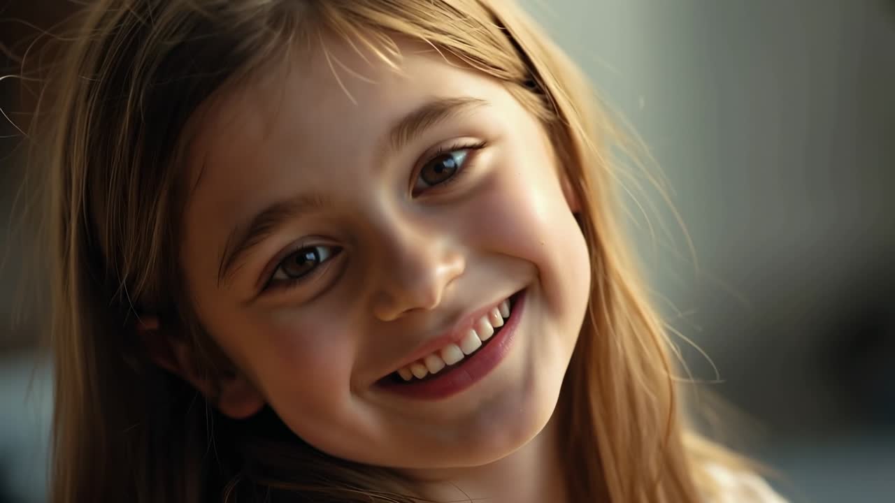 Smiling child reacting to camera closeup at home, tilting and laughing ...