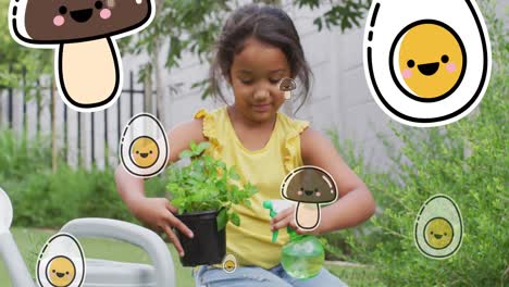 animación de huevos y hongos sobre una niña biracial regando plantas en el jardín