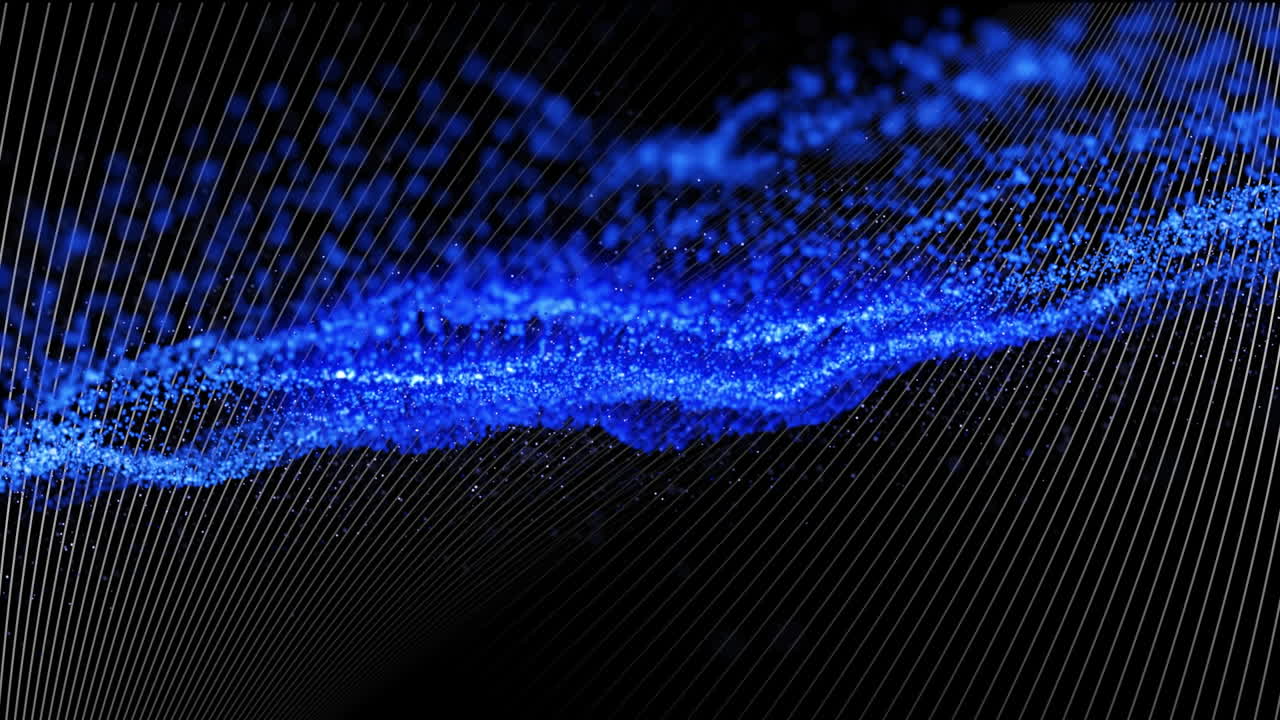 Animation of floating blue particles over parallel white curved lines, moving on black