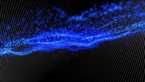 animación de partículas azules flotantes sobre líneas curvas blancas paralelas, moviéndose en negro