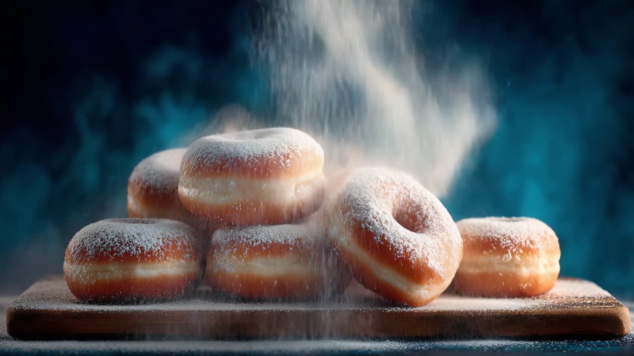 Mistik mavi bir arka plan üzerinde pudra şekeri serpilmiş, karşı konulmaz tatlı bir cazibe yaratan lezzetli sırlı donutlar.