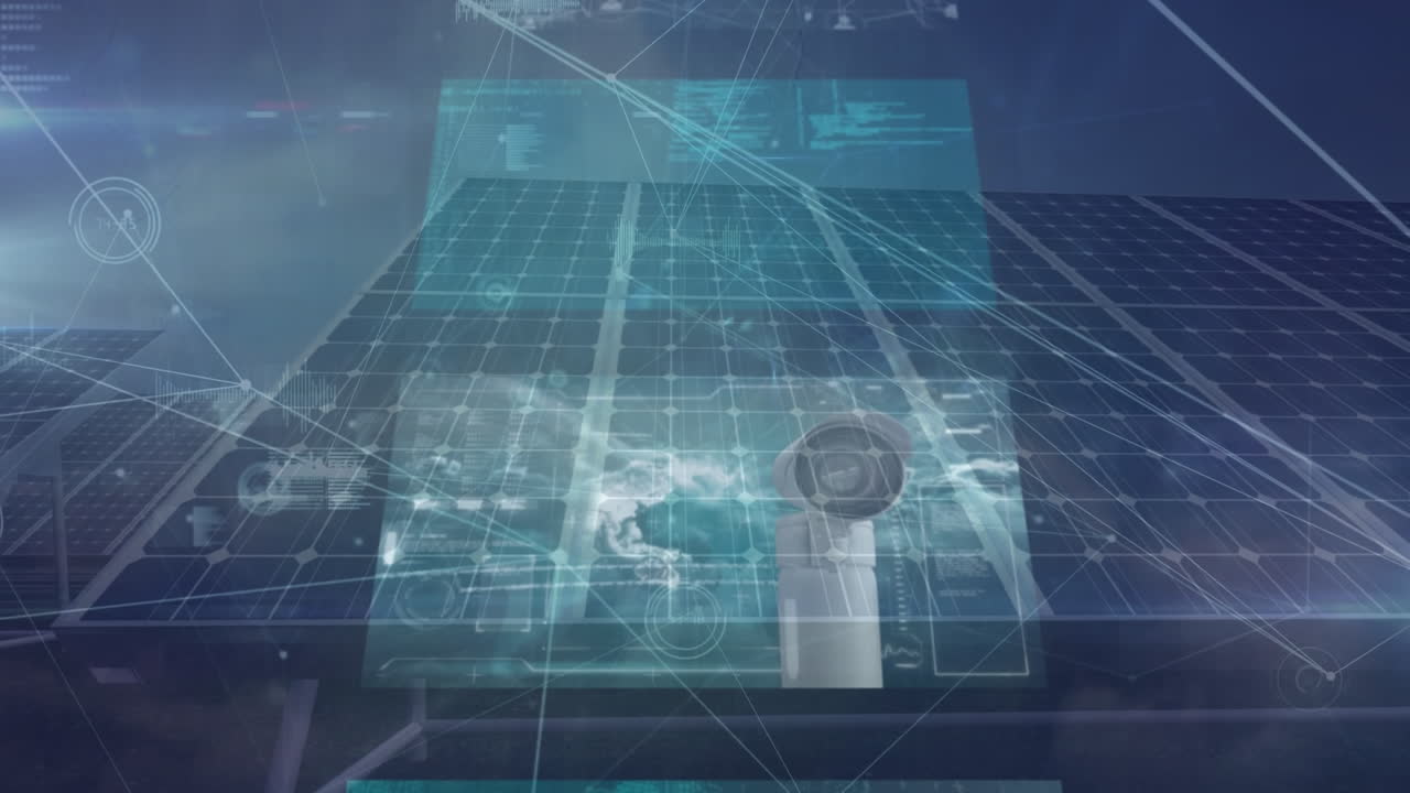 태양 전지 패널 위로 이동하는 디지털 스크린에서 데이터를 통해 연결의 애니메이션