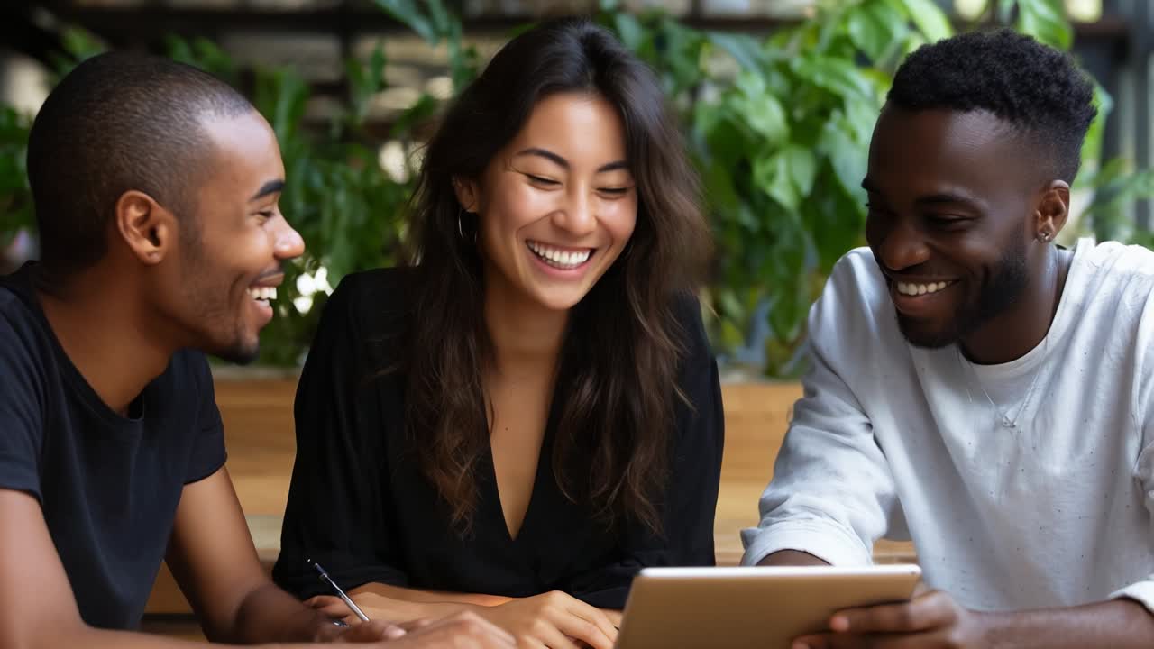 Three Friends Engaged in Joyful Interaction While Using a Tablet, Capturing Moments of Laughter and Connection in a Cozy Greenery-filled Environment