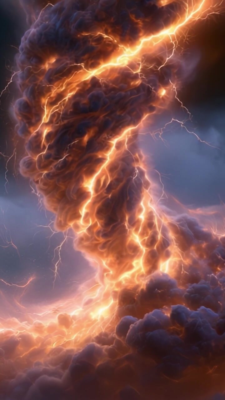 Uno spettacolo affascinante della furia della natura: un tornado vorticoso e infuocato di fulmini e nuvole temporalesche che illuminano i cieli con energia intensa e colori drammatici.