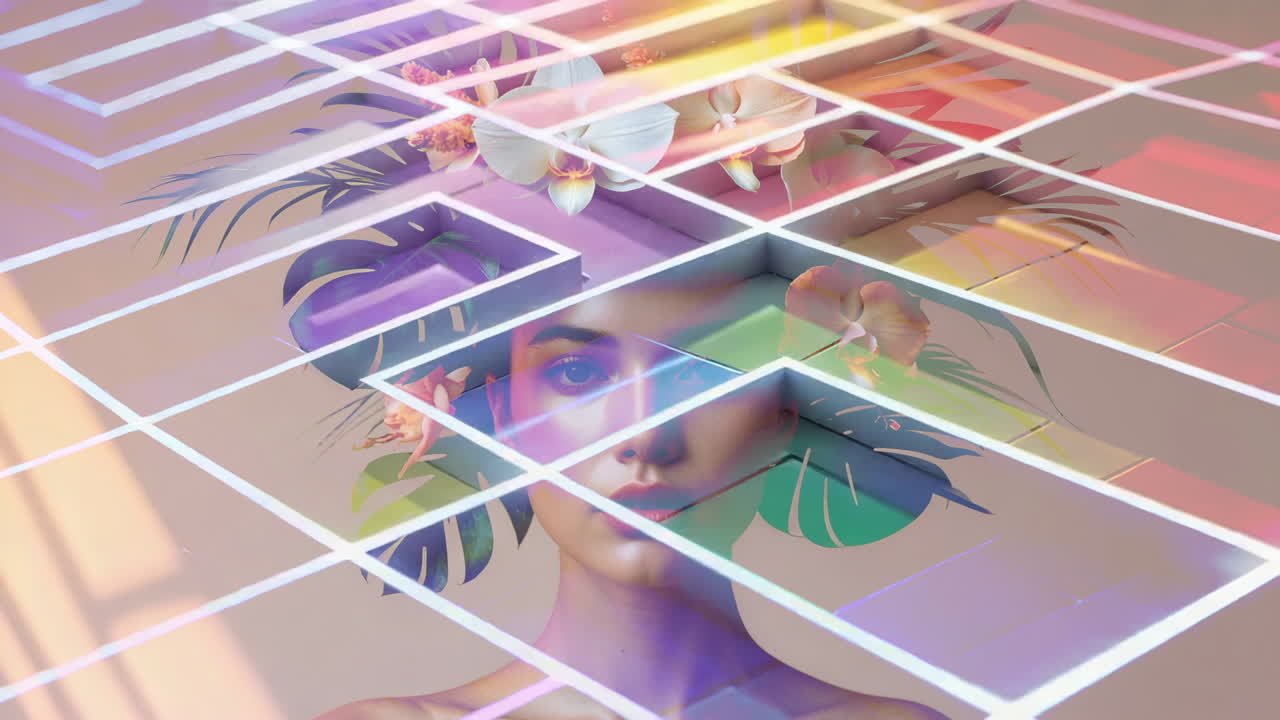 Artistic Portrait with Tropical Flora and Geometric Overlay