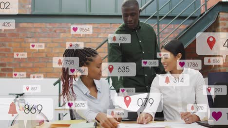 animation of notification bars over diverse coworkers sharing ideas in office