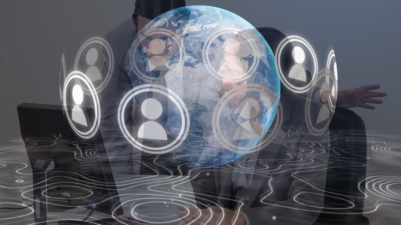 animación del globo, red de conexiones con iconos sobre personas de negocios.