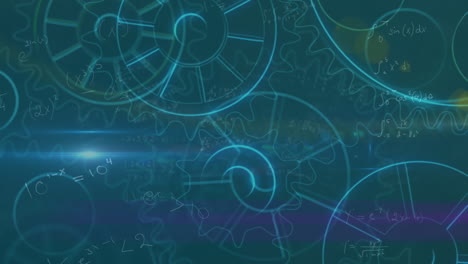 animation of mechanical gears and lens flares with mathematical equations against blue background