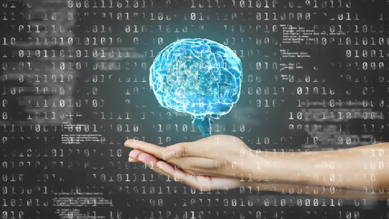 animación del cerebro humano y codificación binaria, procesamiento de datos científicos