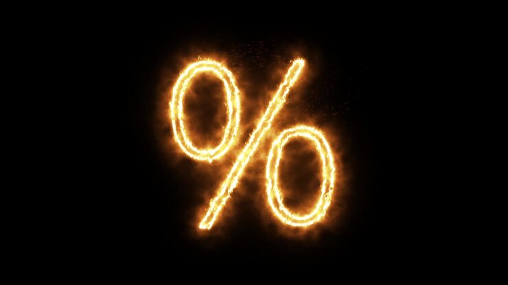 Percent symbol of burning flame. Percent symbol made from fire flame. Flaming burn font or bonfire alphabet text with sizzling fiery shining heat effect. 3D rendering.