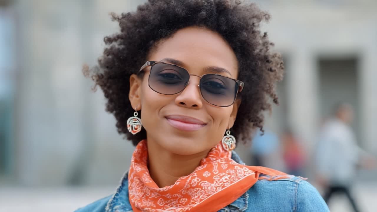 Donna sicura di sé con occhiali da sole che sorride calorosamente, mostrando la sua elegante sciarpa arancione e orecchini, incarnando positività e moda vivace in un vivace ambiente esterno.