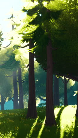 el sol brilla a través de los árboles en un bosque verde