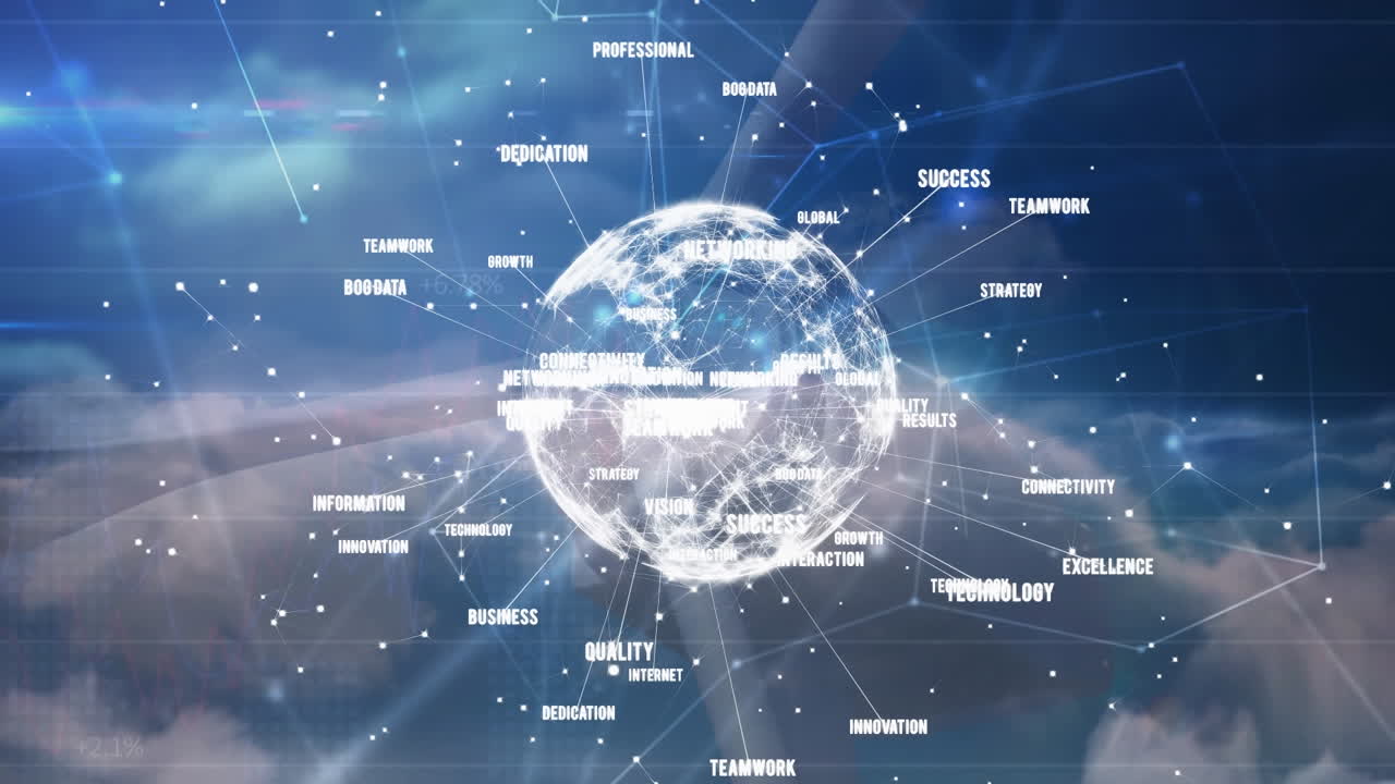 풍력 터빈 위의 구름, 연결 및 지구의 애니메이션