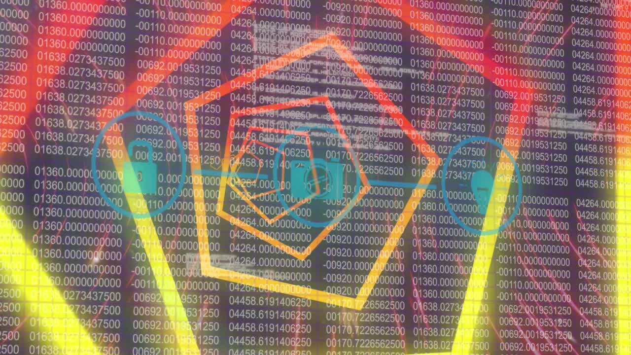 이진 코딩에 대한 원활한 패턴으로 터널을 통해 디지털 아이콘 네트워크의 애니메이션