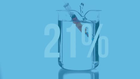 Animation-of-percent-growing-over-laboratory-beaker-on-blue-background