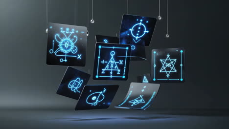 floating holographic tablets with glowing mystical blue symbols