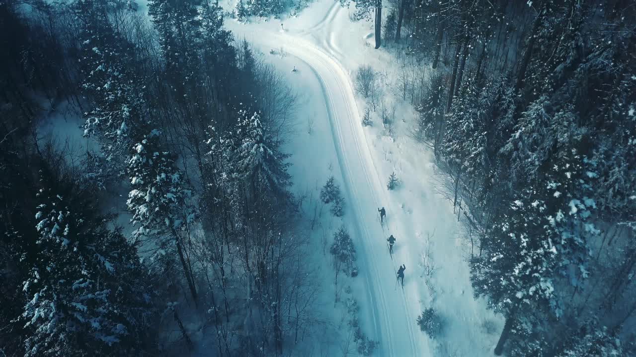 A vertical drone shot looks directly down on three cross-country skiers as they glide along a perfectly groomed snow trail through a sun-drenched, frosted forest in Kenauk, Quebec