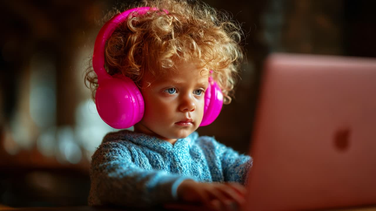 A young child with curly hair wearing bright pink headphones, intently focused on a laptop screen, capturing the essence of childhood curiosity and modern technology in a cozy setting
