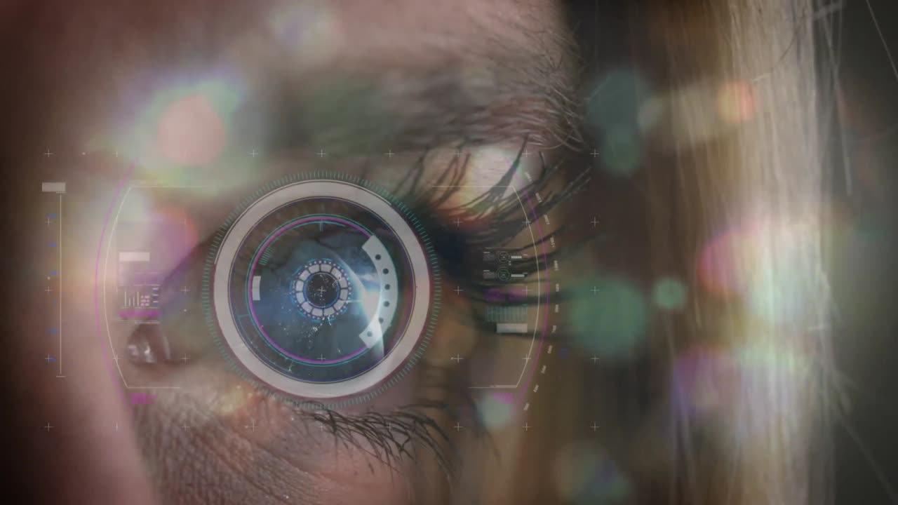 Animation of scope scanning and data processing over woman's eye and glowing lights