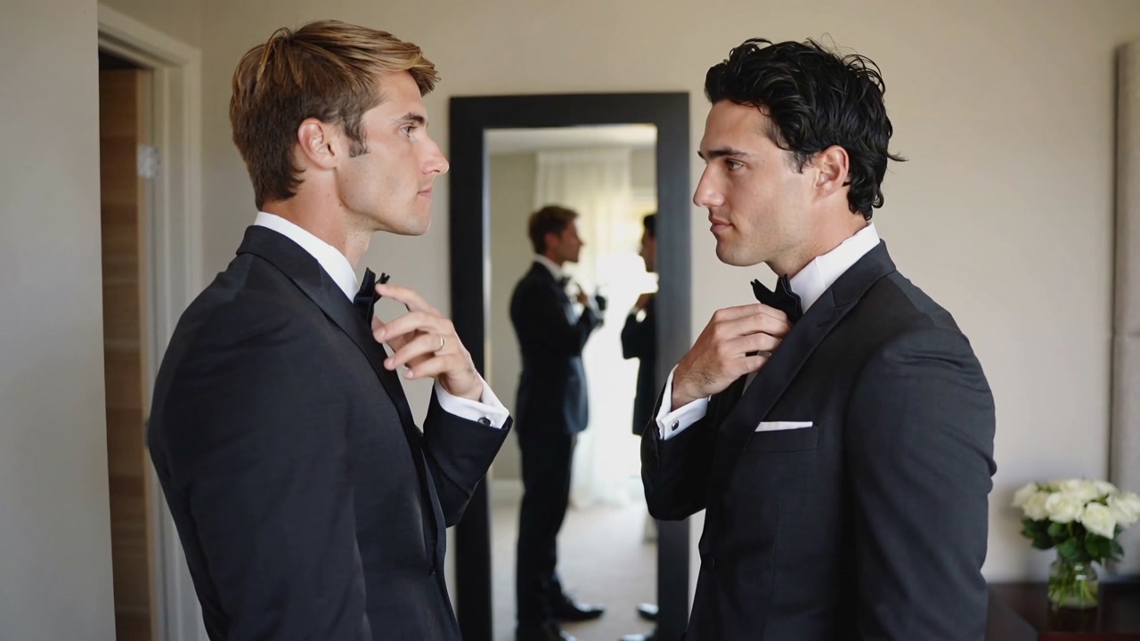 Adjusting two men in black tuxedos straightening bow ties and jackets in dressing area, with mirror